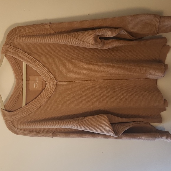 Aerie Tan Wonder Ribbed Textured V-Neck Sweatshirt, Size M - Picture 2 of 10